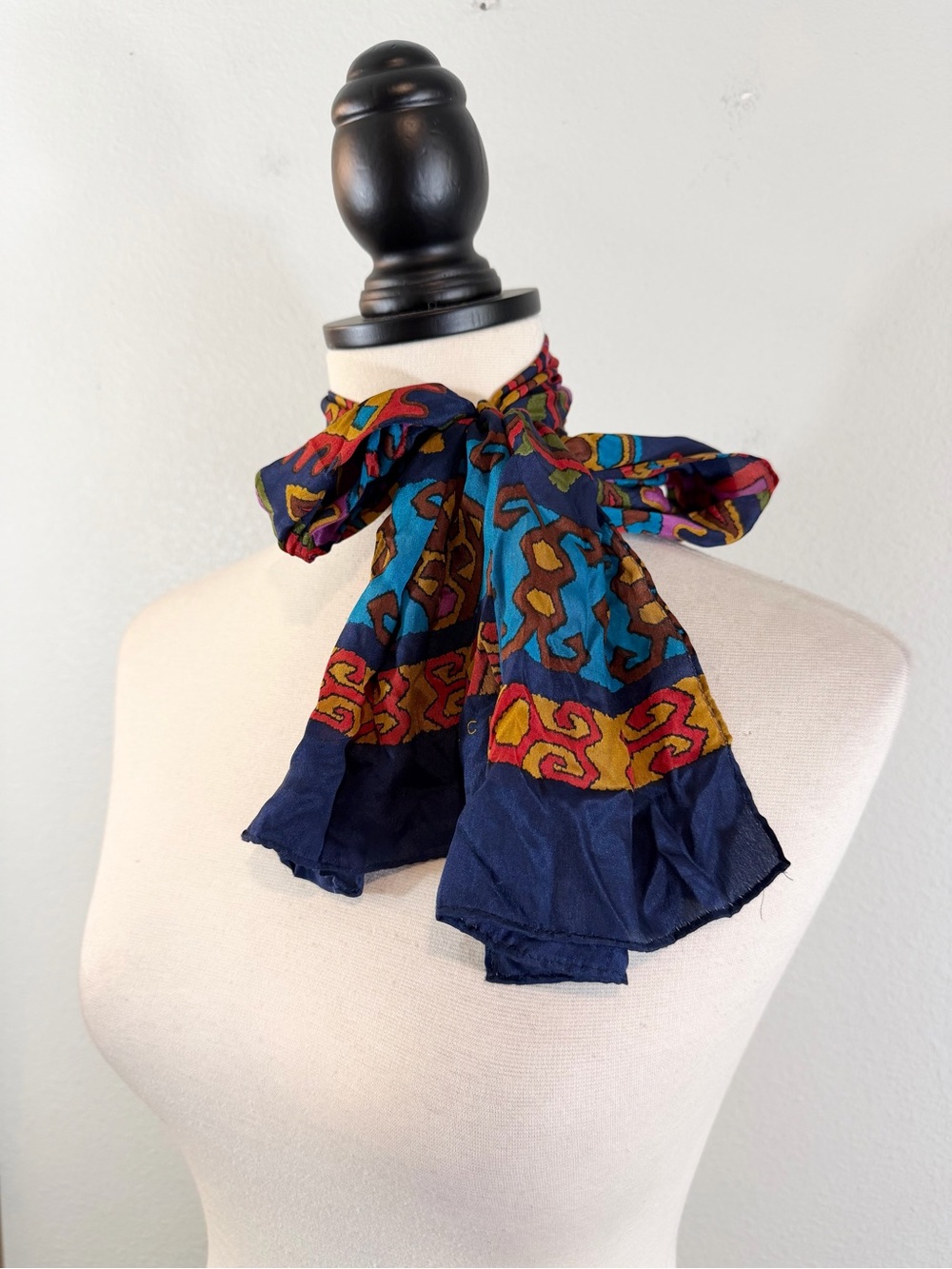 Vintage Echo Navy Multicolor Geometric Long Scarf Abstract Artsy Print 80s 90s